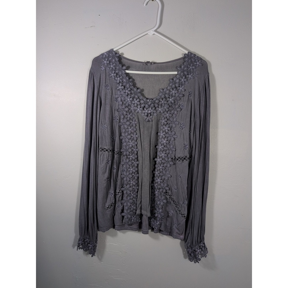 POL Embroidered Lace Trim Blouse Oversize Long-Sleeve lace Cuffs Purple Medium